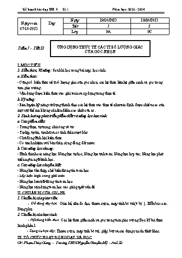 Kế hoạch bài dạy Toán 9 - Tuần 7 - Tiết 13: Ứng dụng thực tế các tỉ số lượng giác của góc nhọn - Năm học 2023-2024 - Phạm Thùy Giang