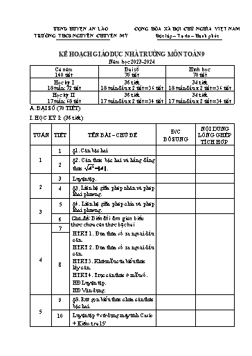 Kế hoạch giáo dục nhà trường môn Toán 9 - Năm học 2023-2024 - Trường THCS Nguyễn Chuyên Mỹ