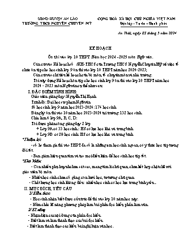 Kế hoạch Ôn thi vào lớp 10 THPT năm học 2024-2025 môn Ngữ văn - Trường THCS Nguyên Chuyên Mỹ