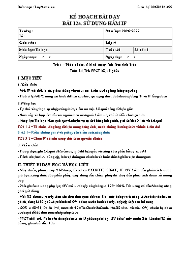 Giáo án Tin học lớp 9 năm học 2026-2027 - Bài 12a. Sử dụng hàm if (Tích hợp năng lực số và AI)