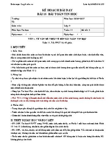 Giáo án Tin học lớp 9 năm học 2026-2027 - Bài 15. Bài toán tin học (Tích hợp năng lực số và AI)