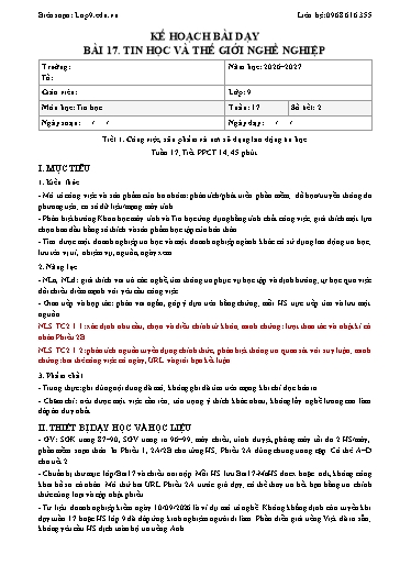 Giáo án Tin học lớp 9 năm học 2026-2027 - Bài 17. Tin học và thế giới nghề nghiệp (Tích hợp năng lực số và AI)