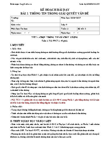 Giáo án Tin học lớp 9 năm học 2026-2027 - Bài 2. Thông tin trong giải quyết vấn đề (Tích hợp năng lực số và AI)