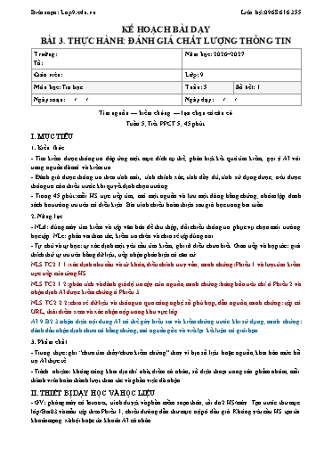 Giáo án Tin học lớp 9 năm học 2026-2027 - Bài 3. Thực hành: Đánh giá chất lượng thông tin (Tích hợp năng lực số và AI)